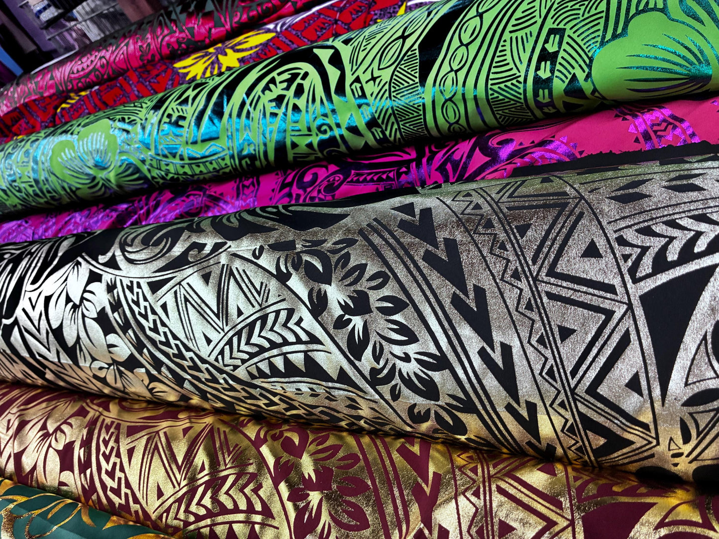 Traditional Polynesian Samoan Tongan Hawaiian Tattoo Hologram Foil Fabric | 58" Black & Lt. Gold Color Foil Fabric (Non-Stretch) | Gtex Fabrics