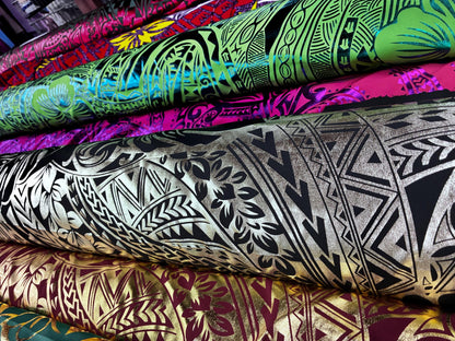 Traditional Polynesian Samoan Tongan Hawaiian Tattoo Hologram Foil Fabric | 58" Black & Lt. Gold Color Foil Fabric (Non-Stretch) | Gtex Fabrics