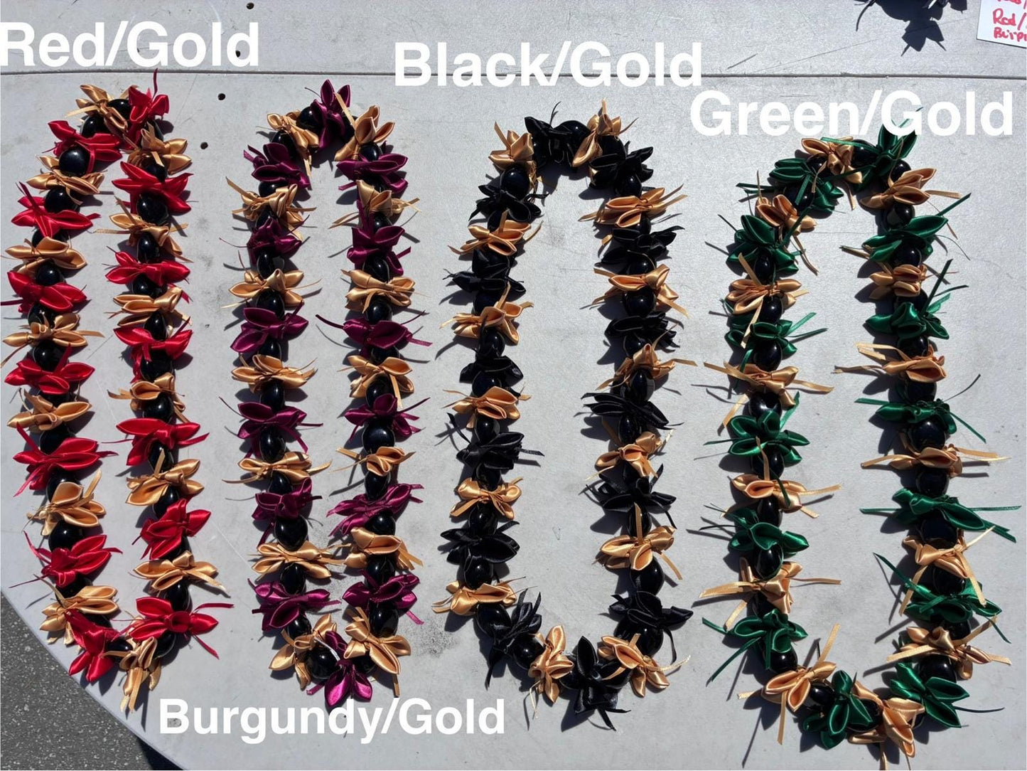 New Hawaiian Graduation Ribbon Kukui Nut Leis - Gift for Grads - Ceremony - New Design -Good Luck, Party, Recognition Wreath | Gtex Fabrics