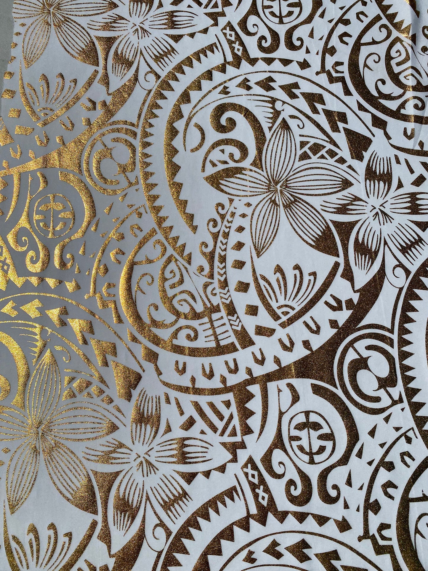 GTEX Collection- Exquisite Traditional Polynesian Tattoo Design | Foil Fabric - Stretch Scuba Fabric - 63" Luxury -Quality (White & Gold)   | Gtex Fabrics