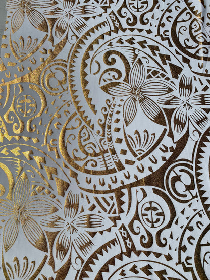 GTEX Collection- Exquisite Traditional Polynesian Tattoo Design | Foil Fabric - Stretch Scuba Fabric - 63" Luxury -Quality (White & Gold)   | Gtex Fabrics