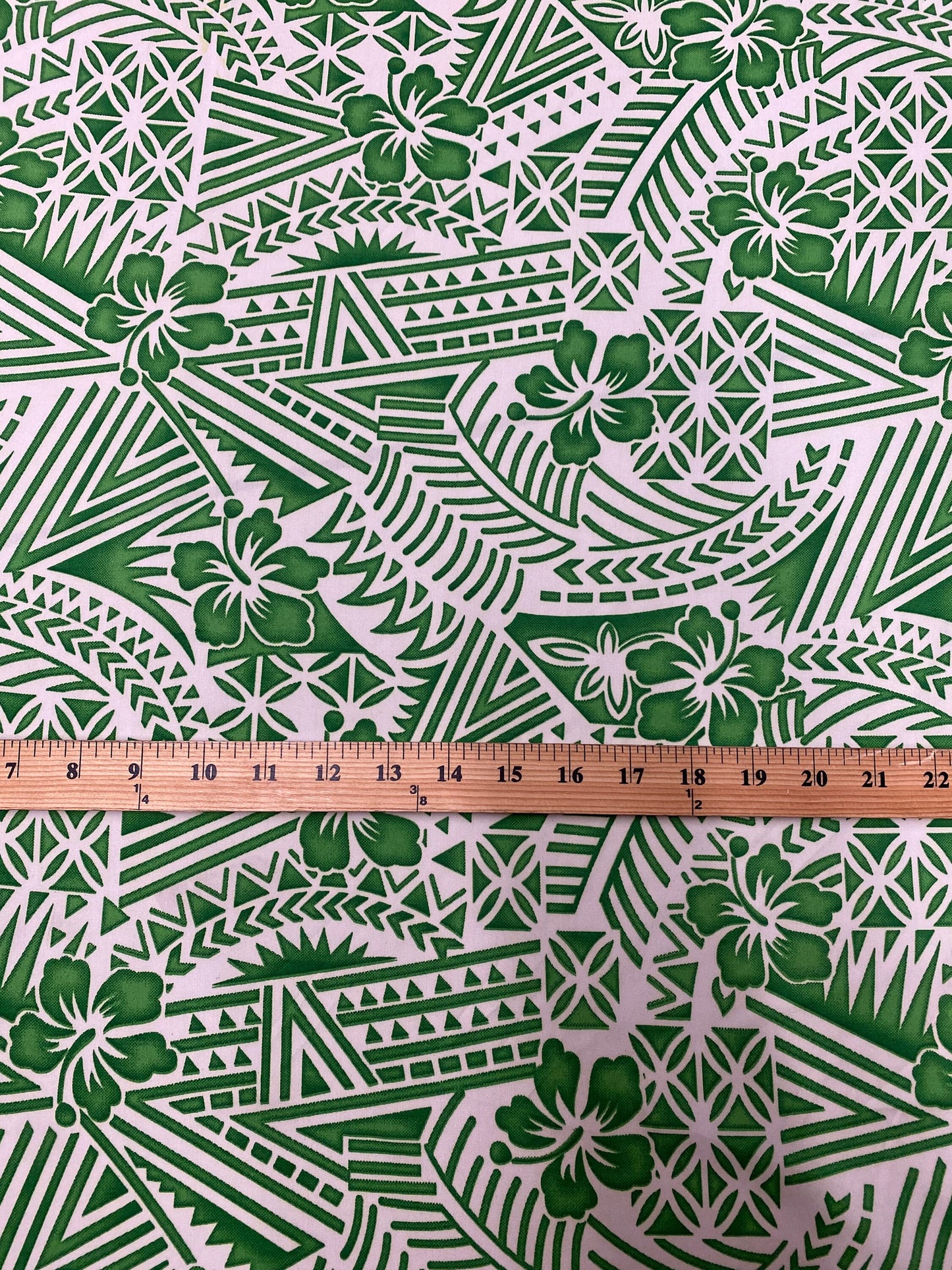 New! Polynesian Fabric, Hawaiian - Hibiscus Tribal Tattoo Toss, Island Fabric - Sold by the Yard - Peachskin Fabric 45" -Green & Cream Color  | Gtex Fabrics