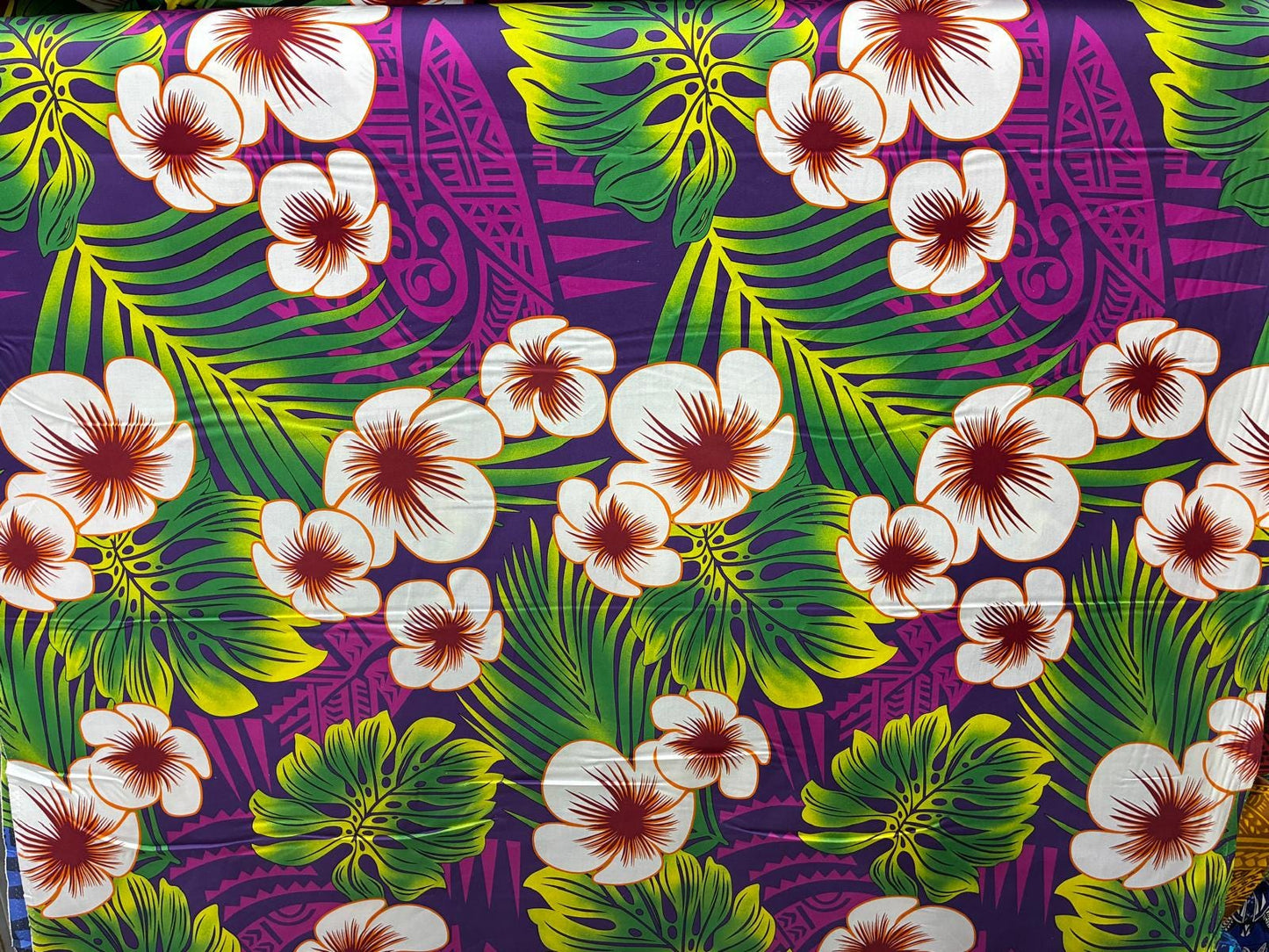Polynesian Hibiscus & Monstera Fabric – 100% Cotton | 45" Wide | Tropical Island Print | Sold by Yard or Roll | Made in Thailand  | Gtex Fabrics