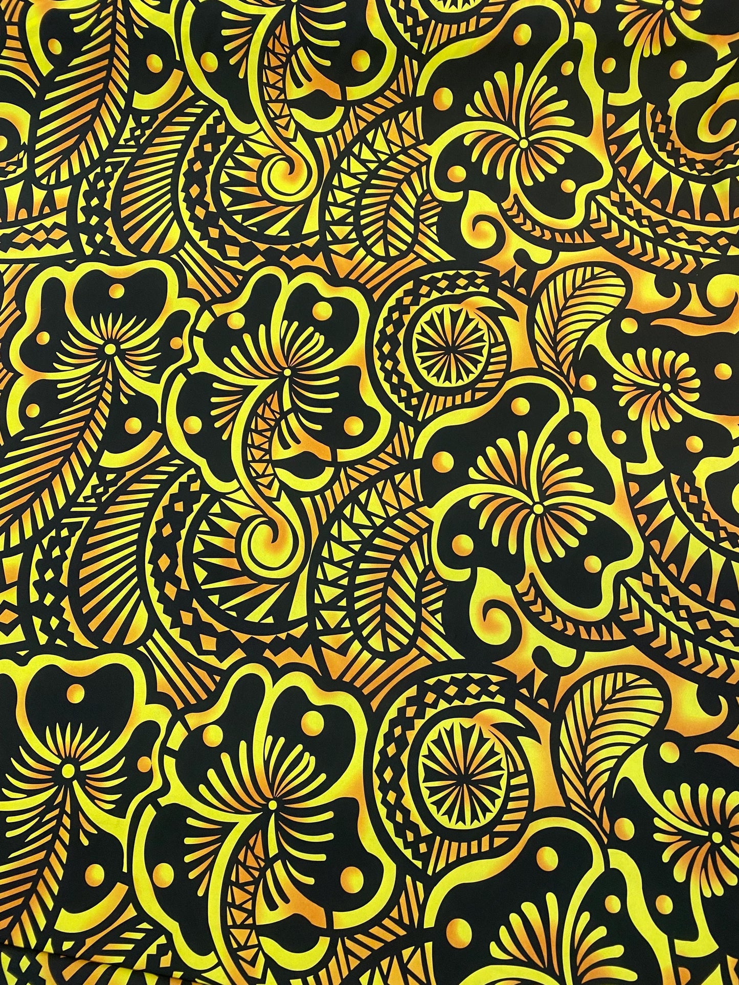 Large Print: Polynesian Fabric with Floral and Tribal Tattoo Design on Mini Matt - 58" Wide - Island Fabric - By The Yard (Black & Yellow)   | Gtex Fabrics