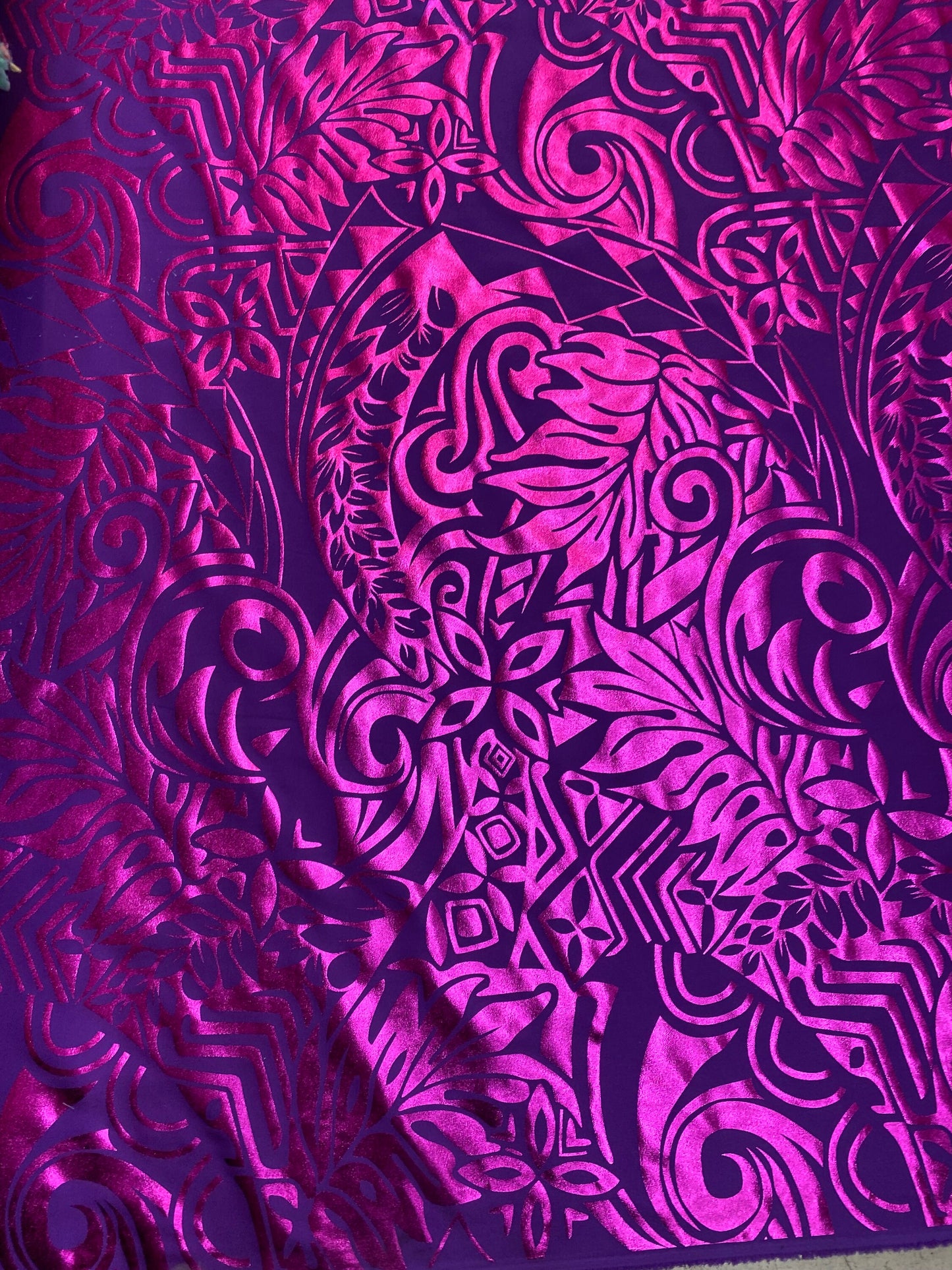 GTEX Collection- Exquisite Traditional Polynesian Tattoo Design | Foil Fabric - 2 Way Stretch Fabric - 60" Luxury Quality (Purple & Pink)  | Gtex Fabrics