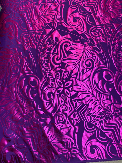 GTEX Collection- Exquisite Traditional Polynesian Tattoo Design | Foil Fabric - 2 Way Stretch Fabric - 60" Luxury Quality (Purple & Pink)  | Gtex Fabrics