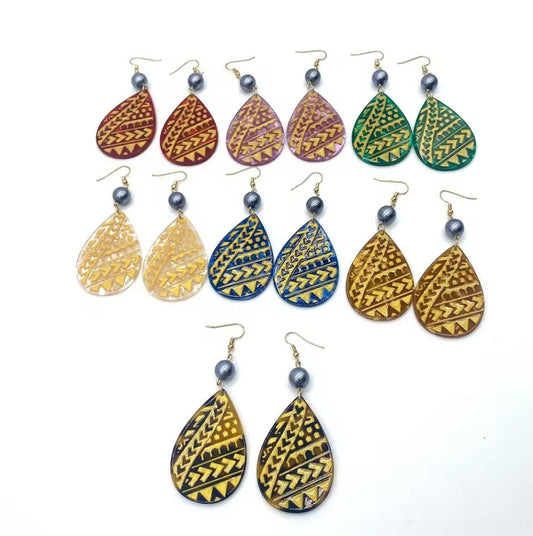 Polynesian Island Tribal Earring Set - Resin Embossed with Pearl - Design 103 | Gtex Fabrics