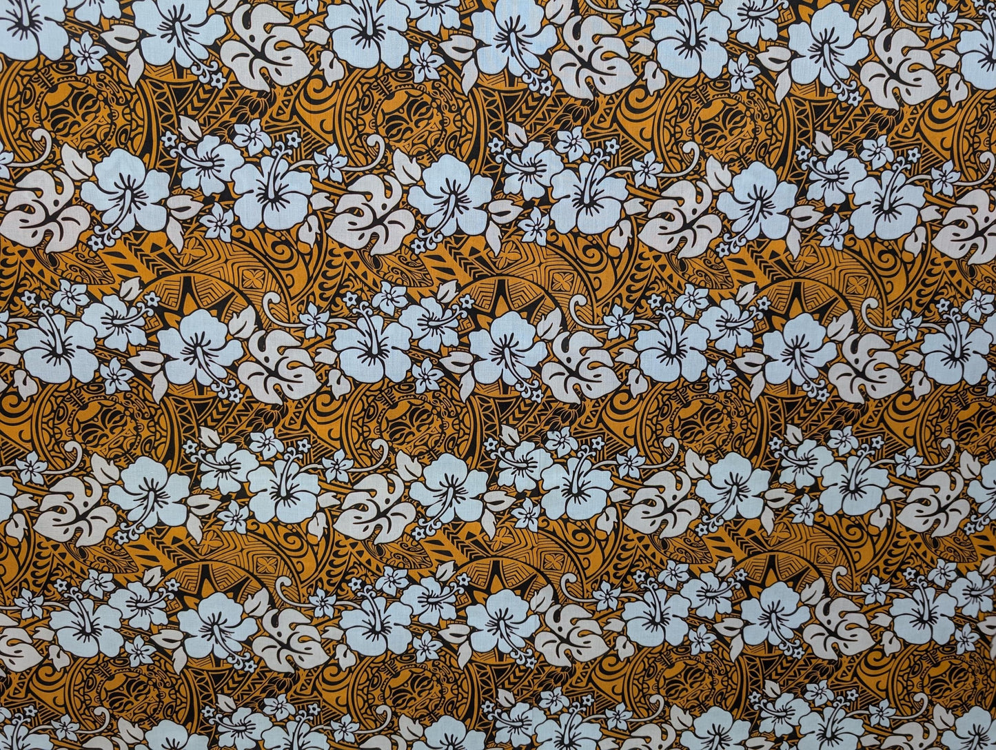 Polynesian Fabric -Tropical Hawaiian Fabric, Tribal Floral Tattoo, Island Fabric - Sold by the Yard - Poly Cotton Fabric 45" - New Design | Gtex Fabrics