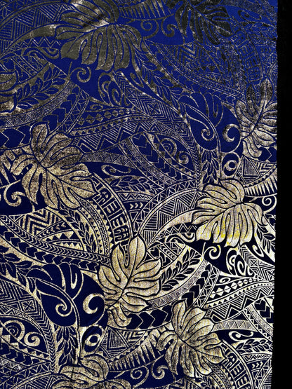 Traditional Polynesian Samoan Tongan Hawaiian Tattoo Hologram Foil Fabric | 58" Blue & Gold Color Foil Fabric (Non-Stretch) | Gtex Fabrics
