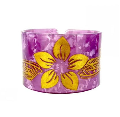 New Plumeria Floral Carved Acrylic Cuff Bracelets Bangles – Polynesian Island Tribal Jewelry – 2.75″ Diameter x 2″ Width | Gtex Fabrics