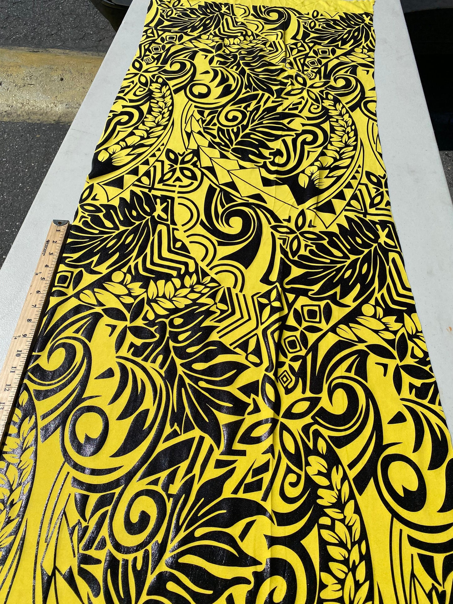 GTEX Collection- Exquisite Traditional Polynesian Tattoo Design | Foil Fabric - Stretch Scuba Fabric - 63" Luxury -Quality (Yellow & Black)  | Gtex Fabrics