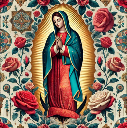 High Quality Mini Matt Fabric, Catholic Fabric, Lady Guadalupe Fabric, Church Fabric Material, Hispanic Religious Fabric by The Yard.  | Gtex Fabrics