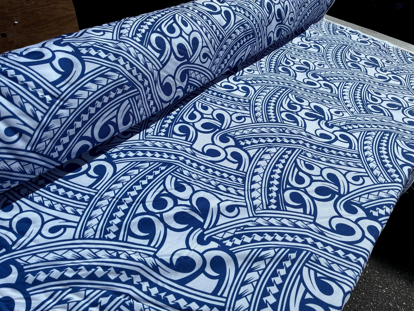 Island Fabric - Polynesian Tribal Fabric – 100% Polyester MiniMatt – Made in New Zealand 60” Wide (White and Blue)  | Gtex Fabrics