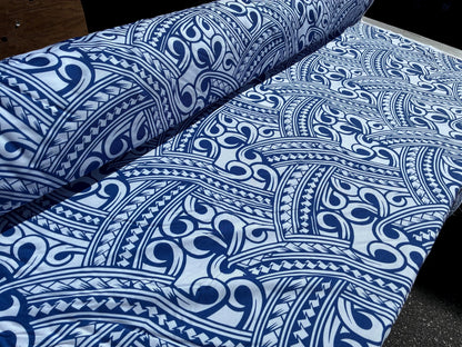 Island Fabric - Polynesian Tribal Fabric – 100% Polyester MiniMatt – Made in New Zealand 60” Wide (White and Blue)  | Gtex Fabrics