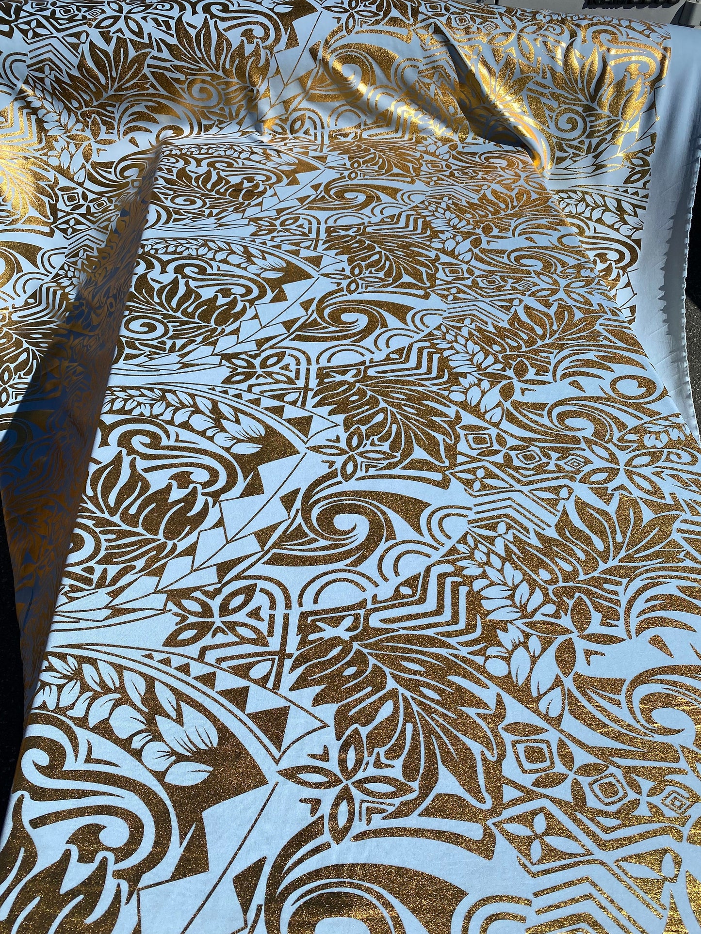 GTEX Collection- Exquisite Traditional Polynesian Tattoo Design | Foil Fabric - Stretch Scuba Fabric - 63" Luxury -Quality -Baby Blue & Gold | Gtex Fabrics
