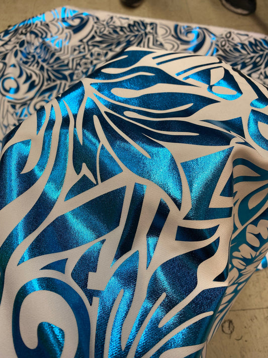 GTEX Collection- Exquisite Traditional Polynesian Tattoo Design | Foil Fabric- 2 Way Stretch Fabric - 60" Luxury Quality (White & Turquoise) | Gtex Fabrics