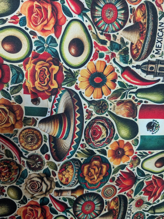 High Quality 58" Mexican Fabric by the Yard – Mexico Flag, Fiesta, Sunflower, Avocado, Chilies, Sombrero, Cinco De Mayo – Mini Matt Material | Gtex Fabrics