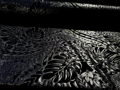 Traditional Polynesian Samoan Tongan Hawaiian Tattoo Hologram Foil Fabric | 58" Black & Lt. Gold Color Foil Fabric (Non-Stretch) | Gtex Fabrics