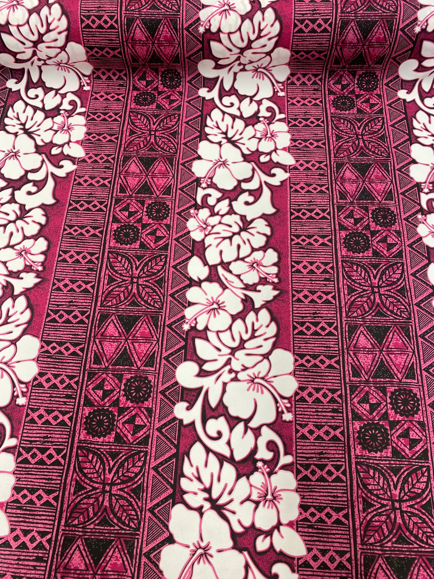 New! Polynesian Fabric, Hibiscus Print with Tribal Tattoo Design, Island Fabric - Sold by the Yard - Polyester Fabric 45" - Pink Color | Gtex Fabrics