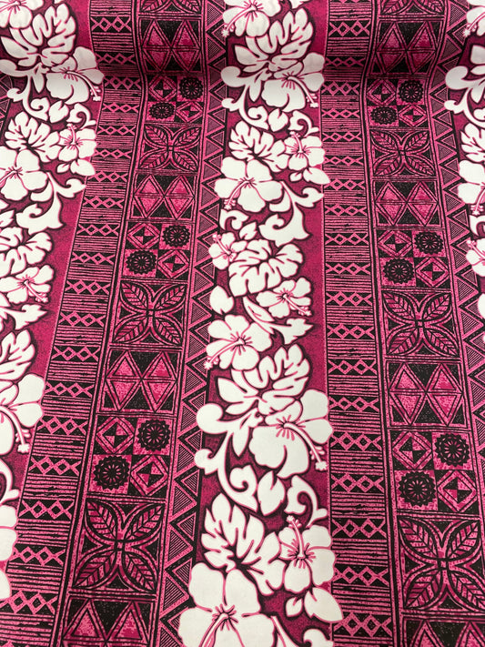 New! Polynesian Fabric, Hibiscus Print with Tribal Tattoo Design, Island Fabric - Sold by the Yard - Polyester Fabric 45" - Pink Color | Gtex Fabrics