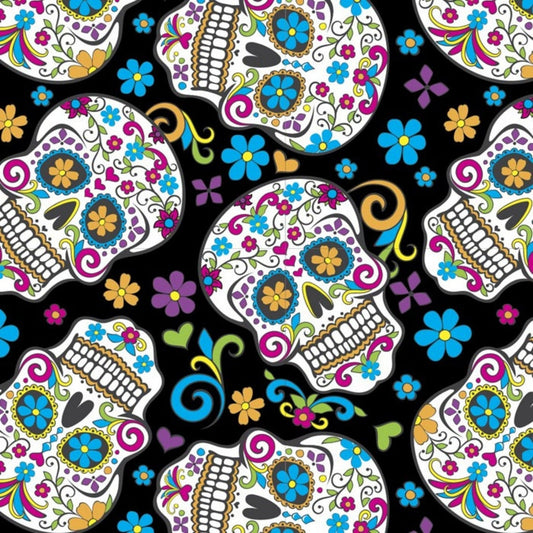 Mexican Heritage Folkloric Sugar Skulls 100% Cotton Fabric / Black Calaveras Fabric / David Textiles / 44" wide | Gtex Fabrics