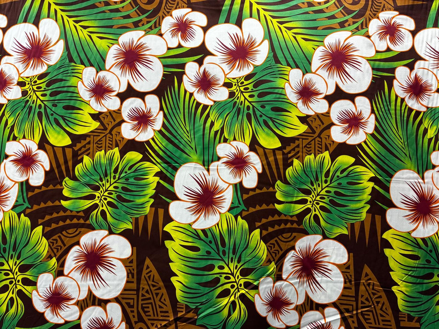 Polynesian Hibiscus & Monstera Fabric – 100% Cotton | 45" Wide | Tropical Island Print | Sold by Yard or Roll | Made in Thailand  | Gtex Fabrics