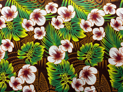 Polynesian Hibiscus & Monstera Fabric – 100% Cotton | 45" Wide | Tropical Island Print | Sold by Yard or Roll | Made in Thailand  | Gtex Fabrics