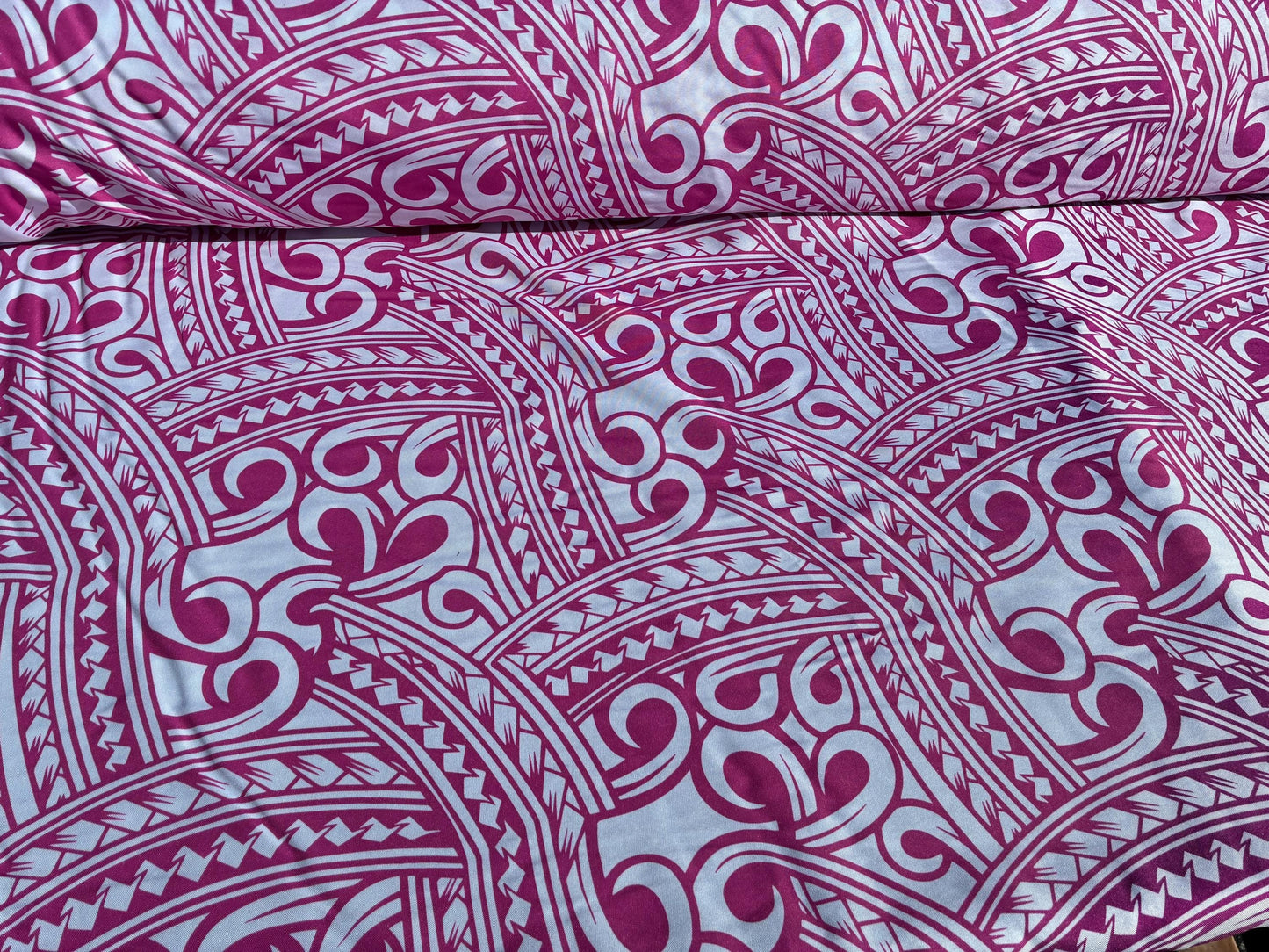 Island Fabric - Polynesian Tribal Fabric – 100% Polyester MiniMatt – Made in New Zealand 60” Wide (White and Pink)  | Gtex Fabrics