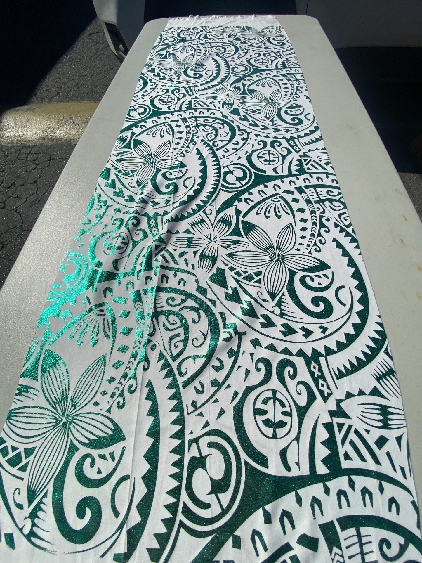 GTEX Collection- Exquisite Traditional Polynesian Tattoo Design | Foil Fabric - Stretch Scuba Fabric - 63" Luxury -Quality (White & Green)  | Gtex Fabrics