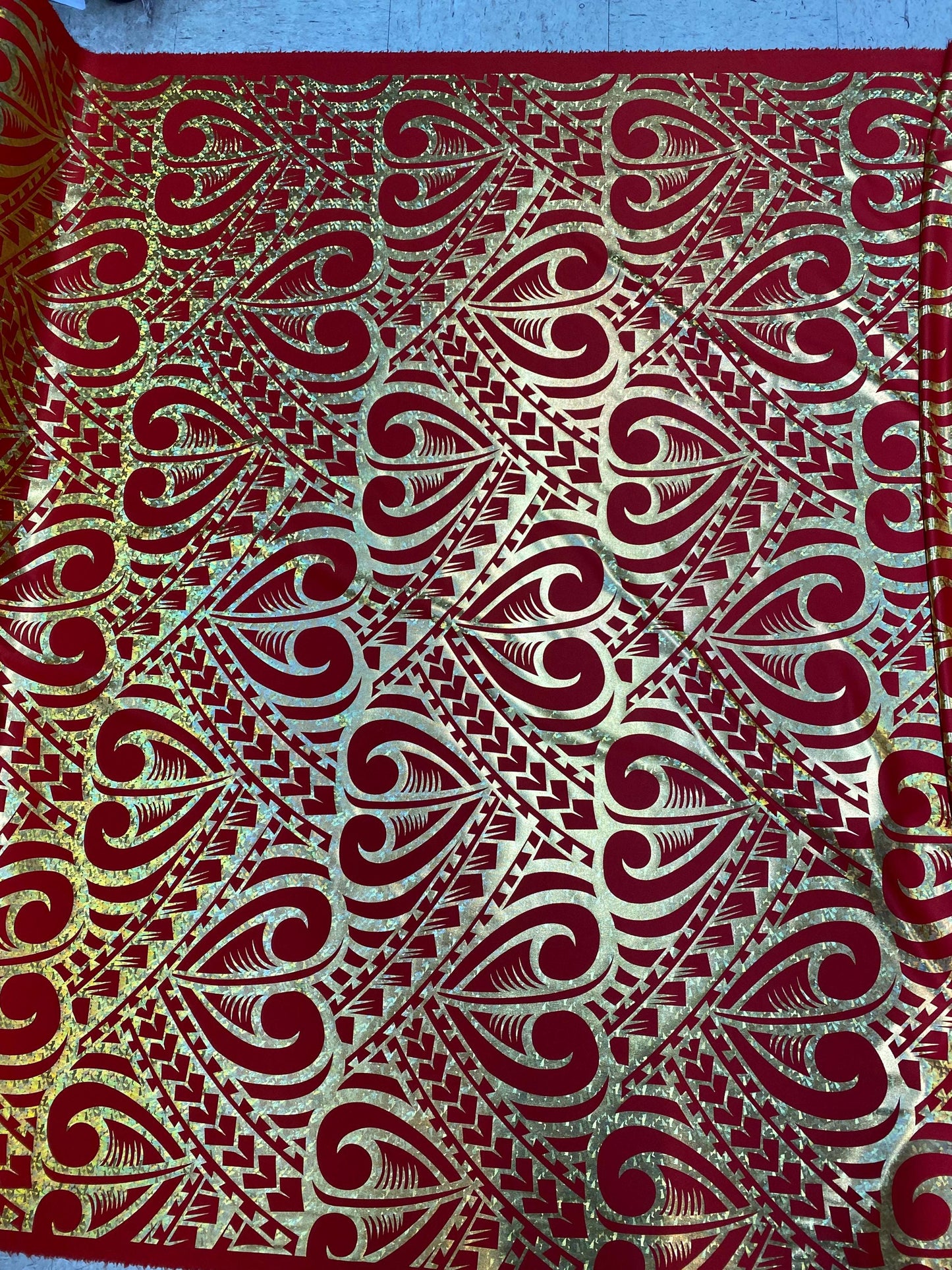 GTEX Collection- Exquisite Traditional Polynesian Tattoo Design | Foil Fabric - 2 Way Stretch Fabric - 60" Luxury Quality (Red & Gold) | Gtex Fabrics
