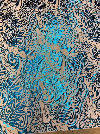 GTEX Collection- Exquisite Traditional Polynesian Tattoo Design | Foil Fabric- 2 Way Stretch Fabric - 60" Luxury Quality (White & Turquoise) | Gtex Fabrics