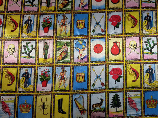 Loteria Mexican Fabric - Mexican Board Game Heavy Satin, 60" Wide by the Yard for Tablecloths, Apparel, & Crafts  | Gtex Fabrics