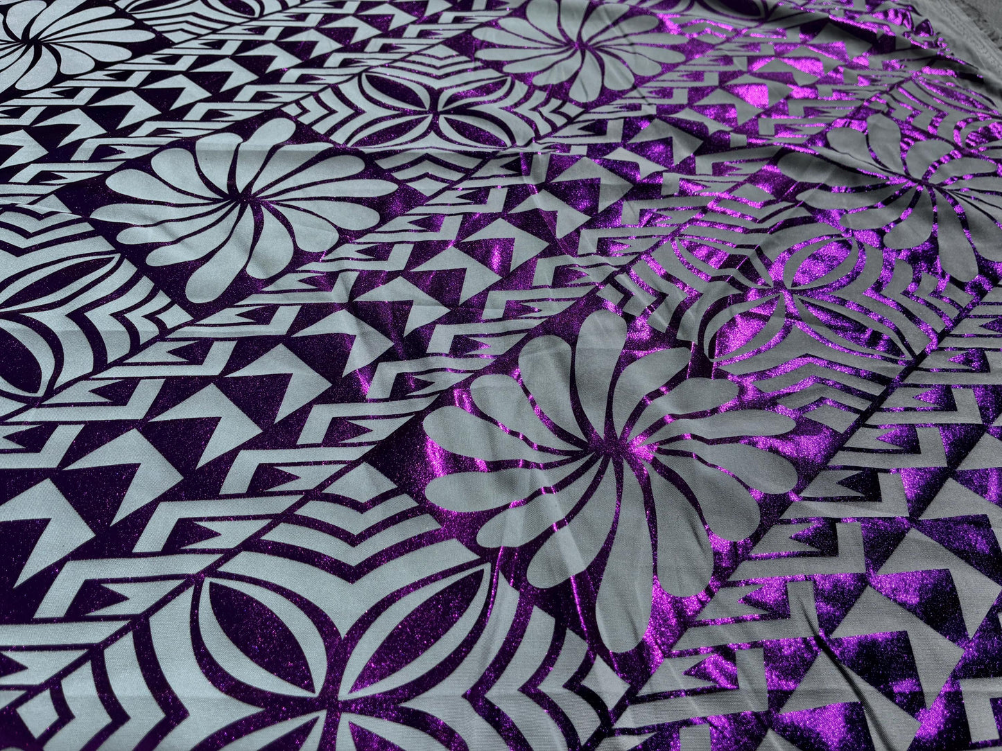Traditional Polynesian Samoan Tongan Hawaiian Tattoo Hologram Foil Fabric | 58" White & Purple Color Foil Fabric (Non-Stretch) | Gtex Fabrics