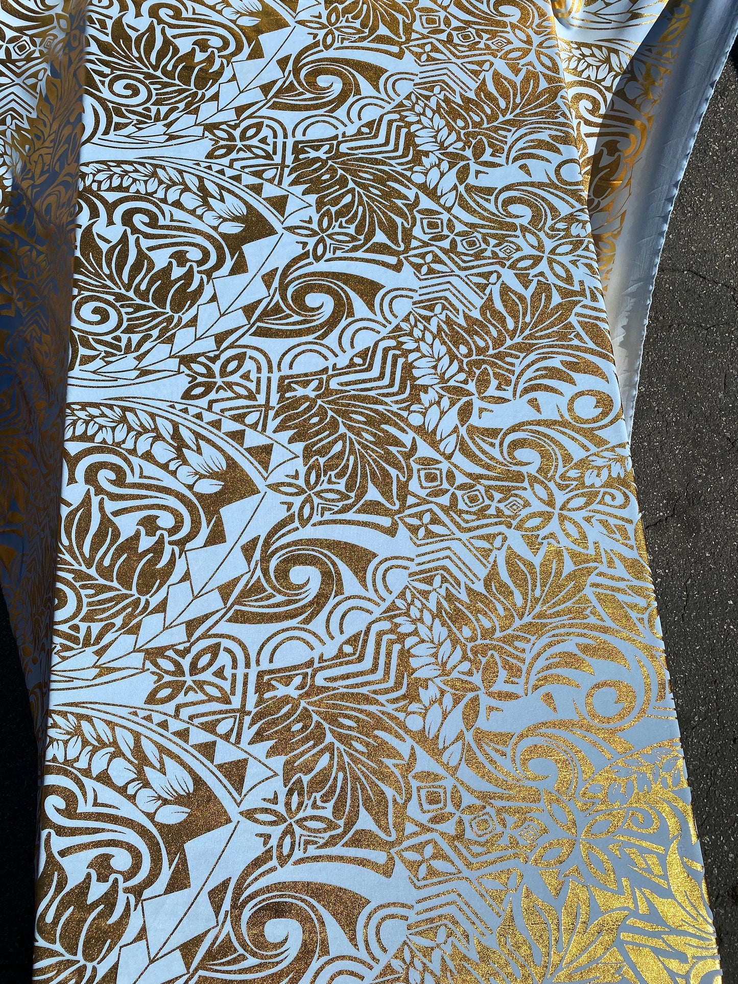 GTEX Collection- Exquisite Traditional Polynesian Tattoo Design | Foil Fabric - Stretch Scuba Fabric - 63" Luxury -Quality -Baby Blue & Gold | Gtex Fabrics