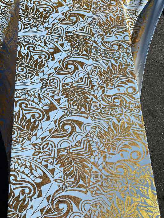 GTEX Collection- Exquisite Traditional Polynesian Tattoo Design | Foil Fabric - Stretch Scuba Fabric - 63" Luxury -Quality -Baby Blue & Gold | Gtex Fabrics