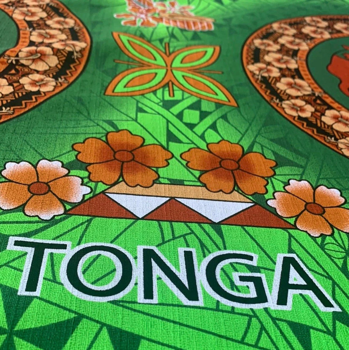 Polynesian Doby Cloth, Bark Cloth, 100% Cotton, High Quality Rich Colors - Seal of Tonga Cloth, Tonga Island Fabric, New Design - Green | Gtex Fabrics