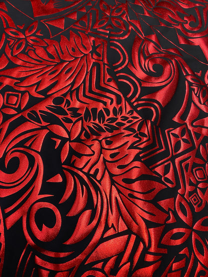 GTEX Collection- Exquisite Traditional Polynesian Tattoo Design | Foil Fabric - 2 Way Stretch Fabric - 60" Luxury Quality (Black & Red)   | Gtex Fabrics