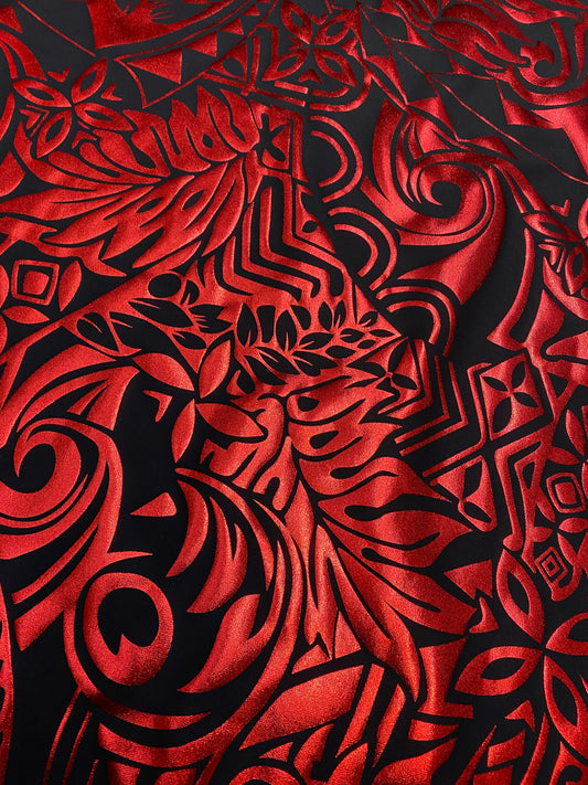 GTEX Collection- Exquisite Traditional Polynesian Tattoo Design | Foil Fabric - 2 Way Stretch Fabric - 60" Luxury Quality (Black & Red)   | Gtex Fabrics
