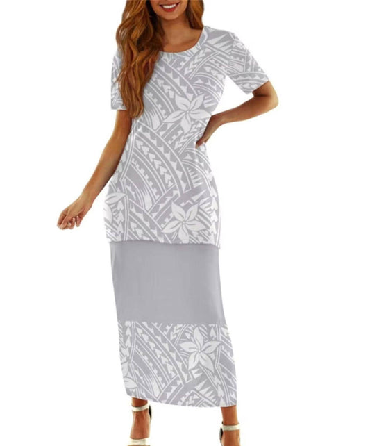 Ladies Island Style Puletasi White Plus Size Two-Piece Dress – White on White Tribal Design for Polynesians, Samoans, and Islanders  | Gtex Fabrics