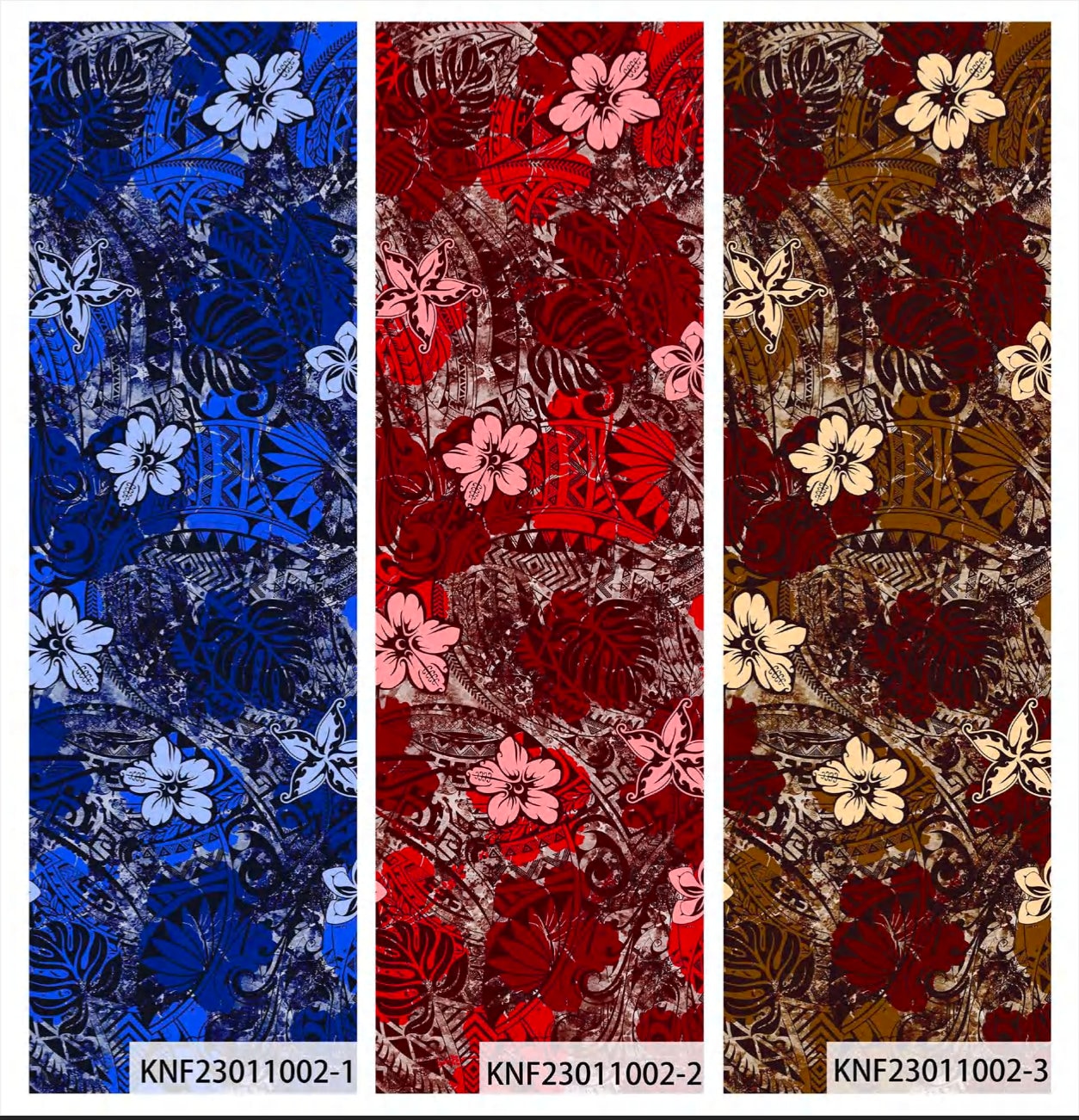 Island Elegance: Hawaiian Printed Fabric with Plumeria Flowers, Monstera Leaf, and Mixed Tribal Design on Peach Skin Fabric (58" Wide | Gtex Fabrics)