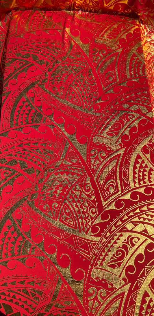 GTEX Collection- Exquisite Traditional Polynesian Tattoo Design | Foil Fabric - Stretch Scuba Fabric - 63" Luxury -Quality (Red & Gold) | Gtex Fabrics