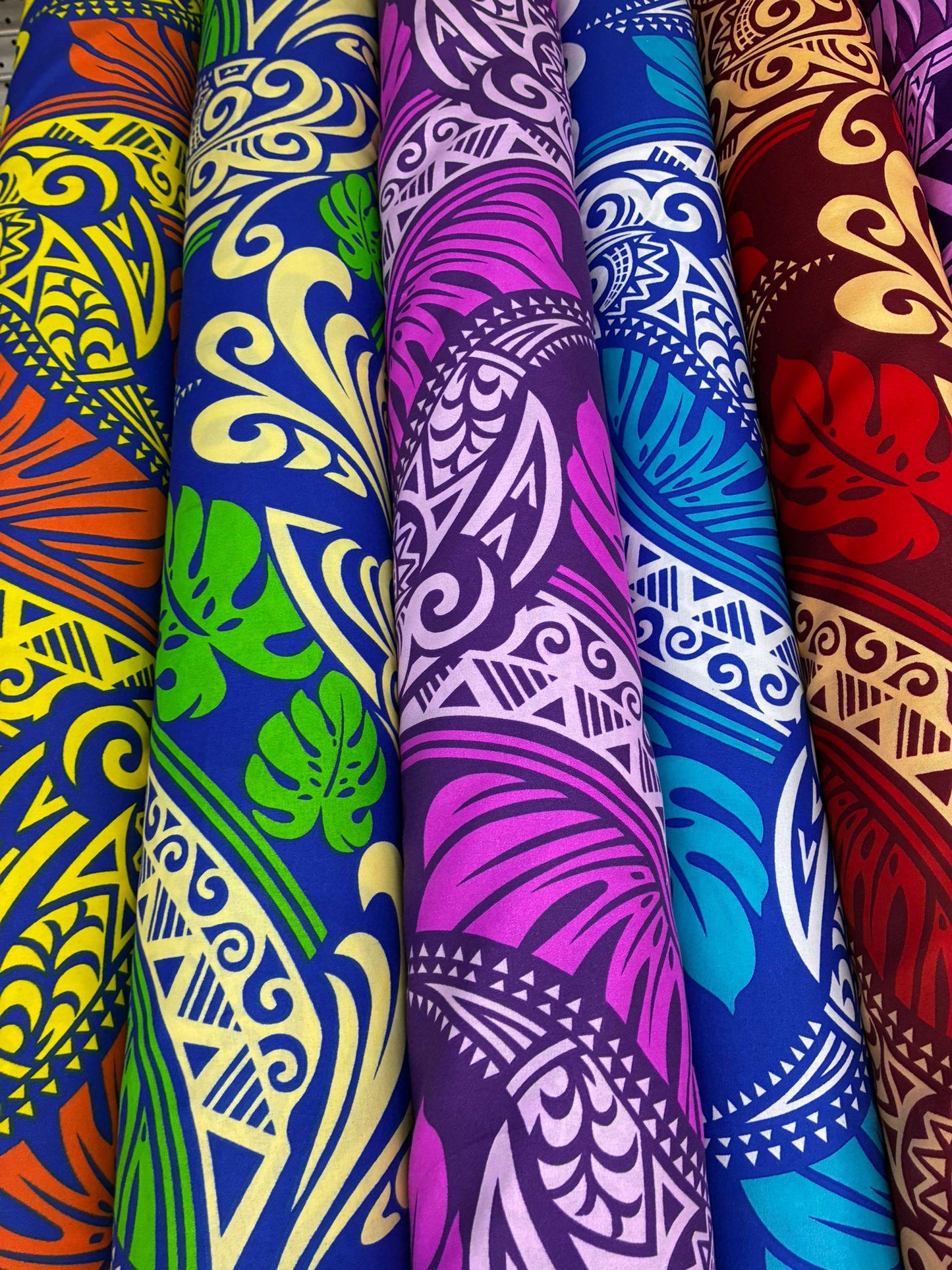 Polynesian Tribal Fabric – 45” Wide | Lightweight Soft Poly Cotton Feel | Sold by Yard or Roll | Made in Thailand | Island Design| Wholesale   | Gtex Fabrics