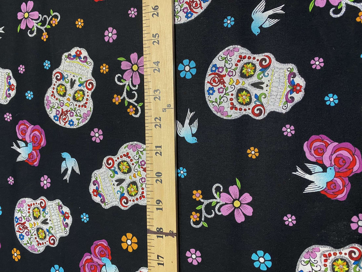 Mexican Heritage Folkloric Sugar Skulls With Glitter 100% Cotton Fabric / Black Calaveras Fabric / David Textiles / 44" wide | Gtex Fabrics