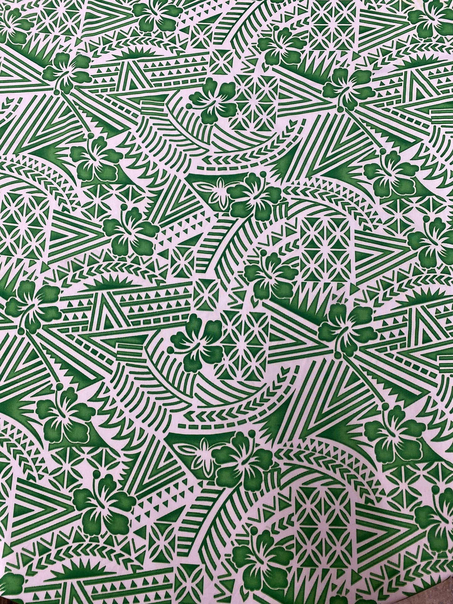 New! Polynesian Fabric, Hawaiian - Hibiscus Tribal Tattoo Toss, Island Fabric - Sold by the Yard - Peachskin Fabric 45" -Green & Cream Color  | Gtex Fabrics