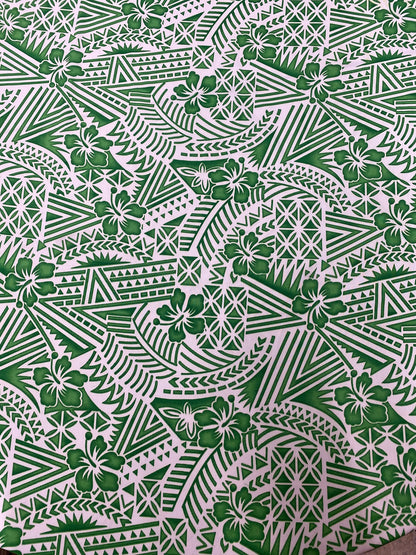 New! Polynesian Fabric, Hawaiian - Hibiscus Tribal Tattoo Toss, Island Fabric - Sold by the Yard - Peachskin Fabric 45" -Green & Cream Color  | Gtex Fabrics