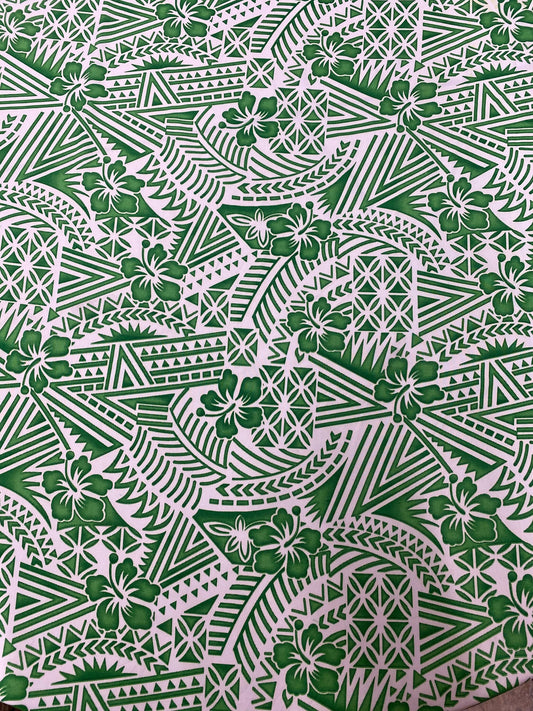 New! Polynesian Fabric, Hawaiian - Hibiscus Tribal Tattoo Toss, Island Fabric - Sold by the Yard - Peachskin Fabric 45" -Green & Cream Color  | Gtex Fabrics