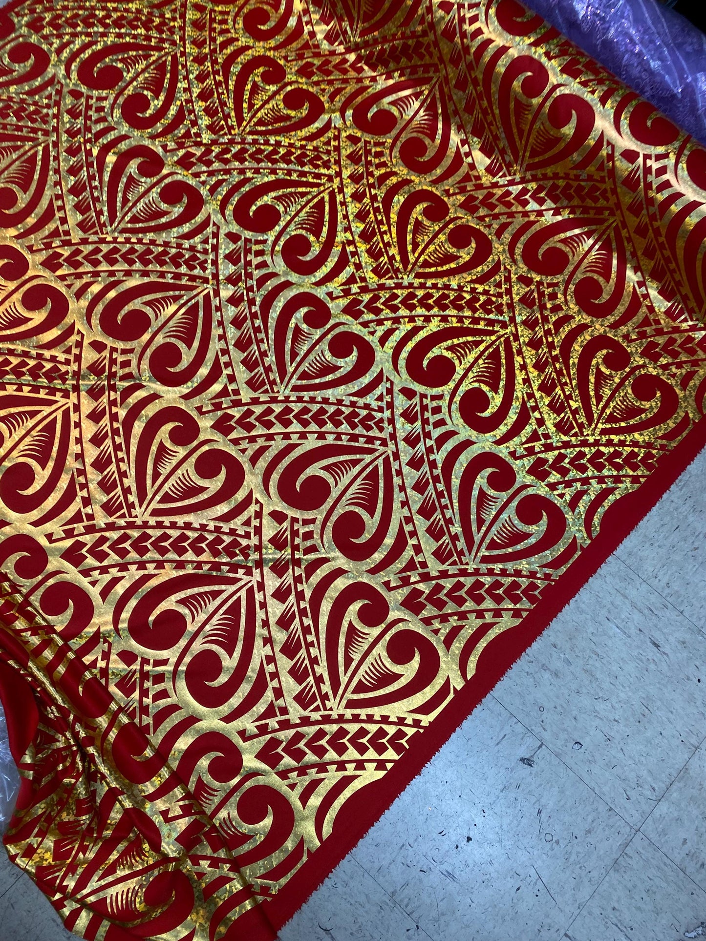 GTEX Collection- Exquisite Traditional Polynesian Tattoo Design | Foil Fabric - 2 Way Stretch Fabric - 60" Luxury Quality (Red & Gold) | Gtex Fabrics