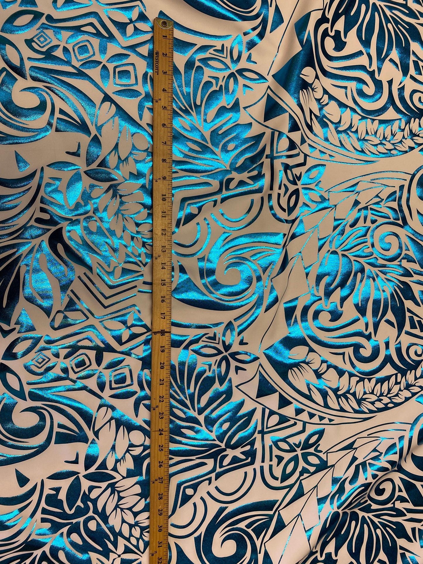 GTEX Collection- Exquisite Traditional Polynesian Tattoo Design | Foil Fabric- 2 Way Stretch Fabric - 60" Luxury Quality (White & Turquoise) | Gtex Fabrics