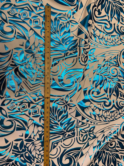 GTEX Collection- Exquisite Traditional Polynesian Tattoo Design | Foil Fabric- 2 Way Stretch Fabric - 60" Luxury Quality (White & Turquoise) | Gtex Fabrics