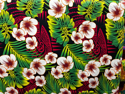 Polynesian Hibiscus & Monstera Fabric – 100% Cotton | 45" Wide | Tropical Island Print | Sold by Yard or Roll | Made in Thailand  | Gtex Fabrics